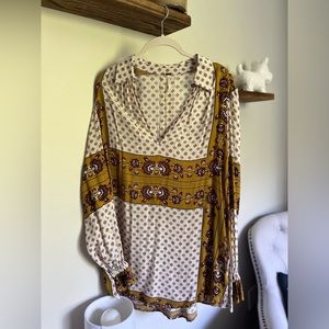 Free People Border Print Collar Gold Combo Tunic Top
